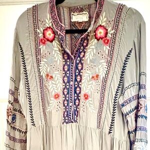 Johnny Was Floral Embroidered Gray Mini Dress